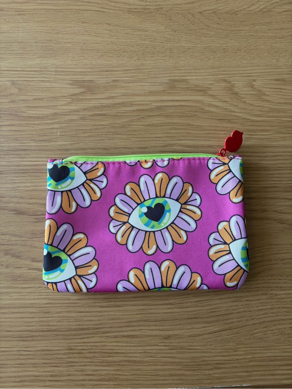 ipsy Pink Floral Eye Print Zip Cosmetic Pouch with Lime Zipper